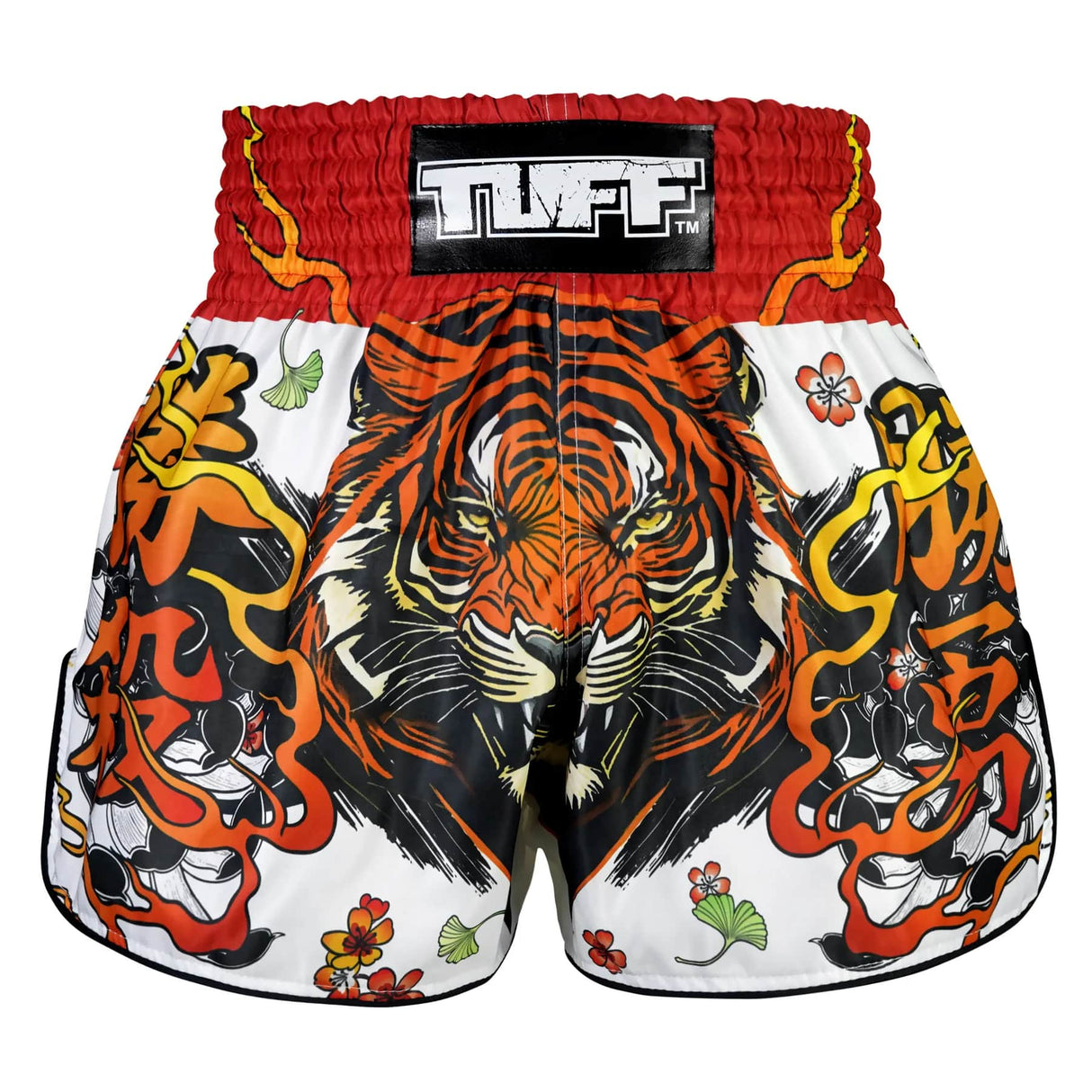 TUFF Sport RMS110 High-Cut Retro Tora Chikara Power of Tiger Muay Thai Shorts White - front view