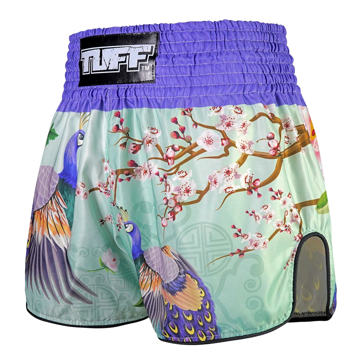 TUFF Sport RMS112 Yugana Kujaku Peacock Retro Muay Thai Shorts Purple - back view
