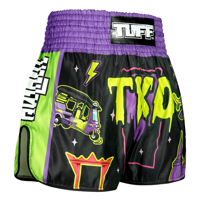 TUFF Sport RMS118 High-Cut Retro The TKO Night Muay Thai Shorts Black - design close-up