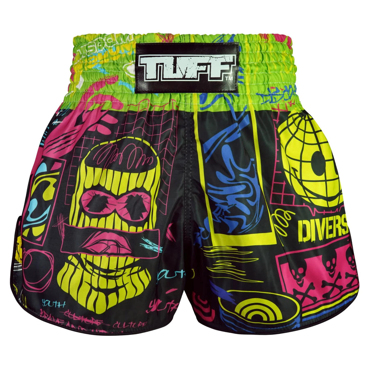 TUFF Sport RMS119 Neon Graffiti Retro Muay Thai Shorts Black - front view