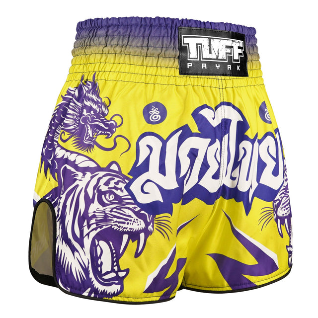 TUFF Sport RMS011 Payak The Wild Roar Muay Thai Shorts Yellow - design close-up
