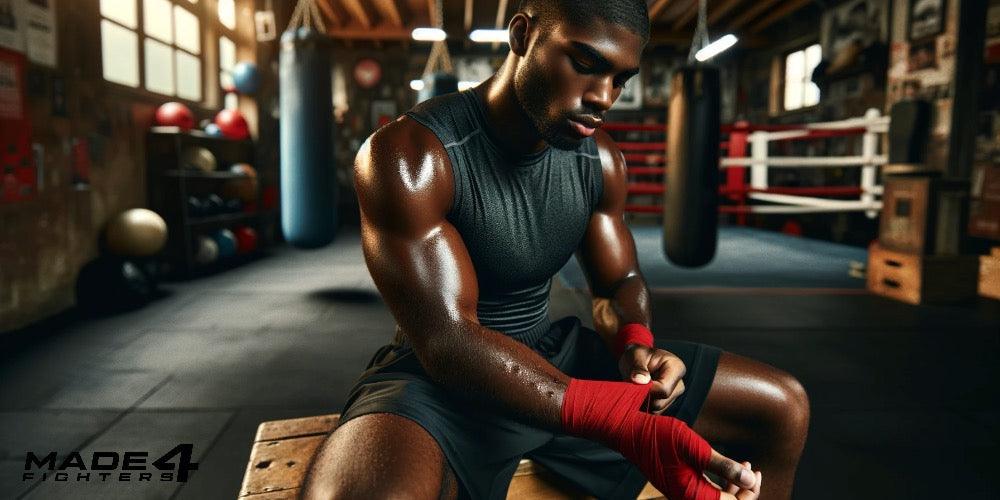 Boxer putting inner hand wrap on