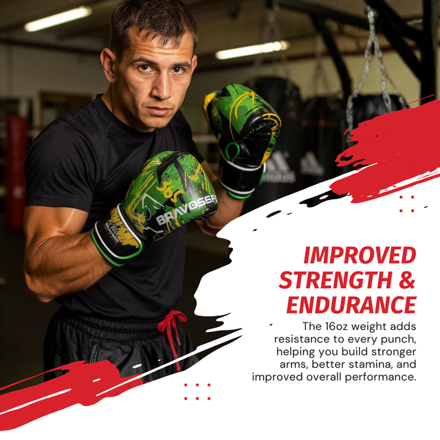 Bravose Limited Edition 16oz Velcro Boxing Gloves 365 Series Green & Black