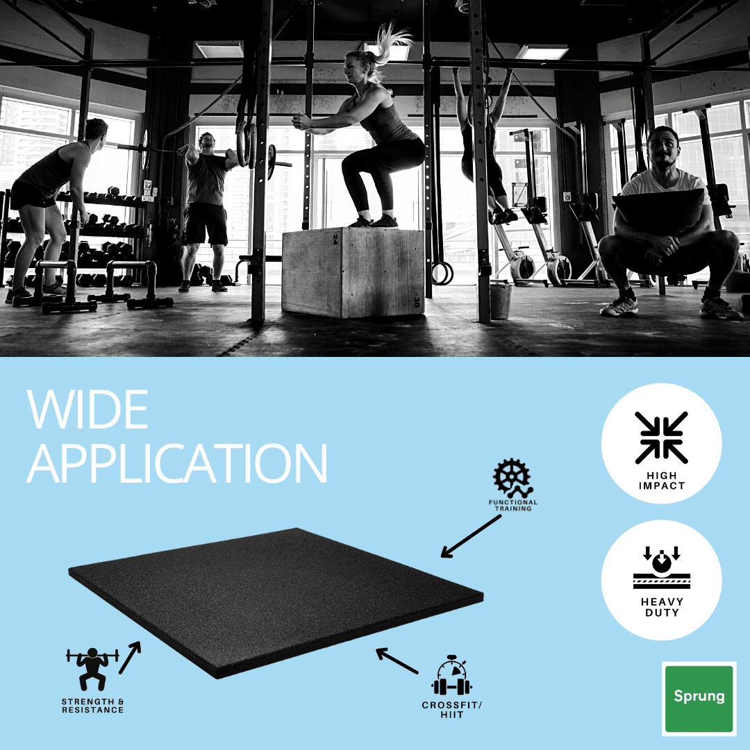 Sprung 30mm PRO Rubber Gym Floor Tiles - Heavy Duty - Black