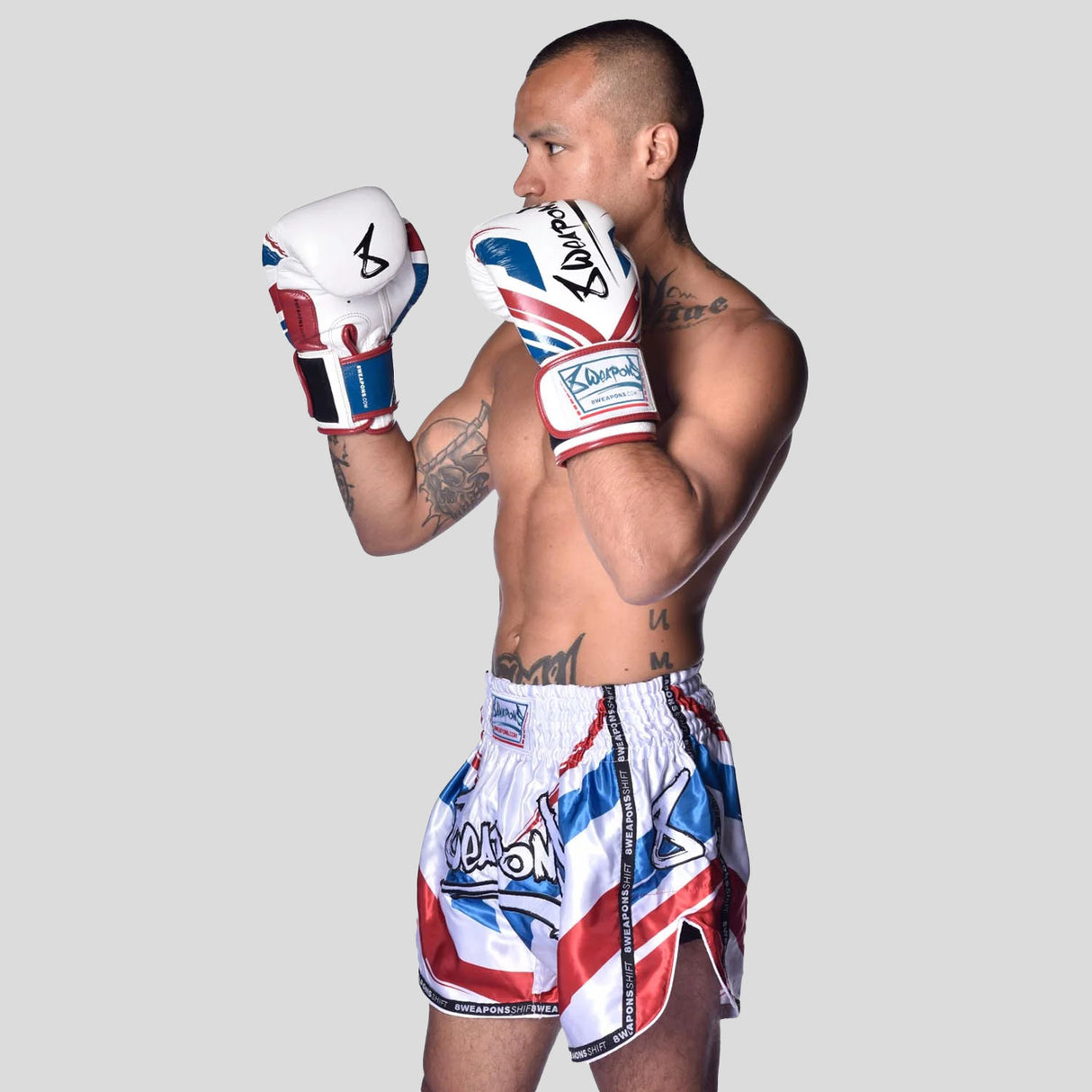8 Weapons Shift Muay Thai Shorts White/Navy/Red