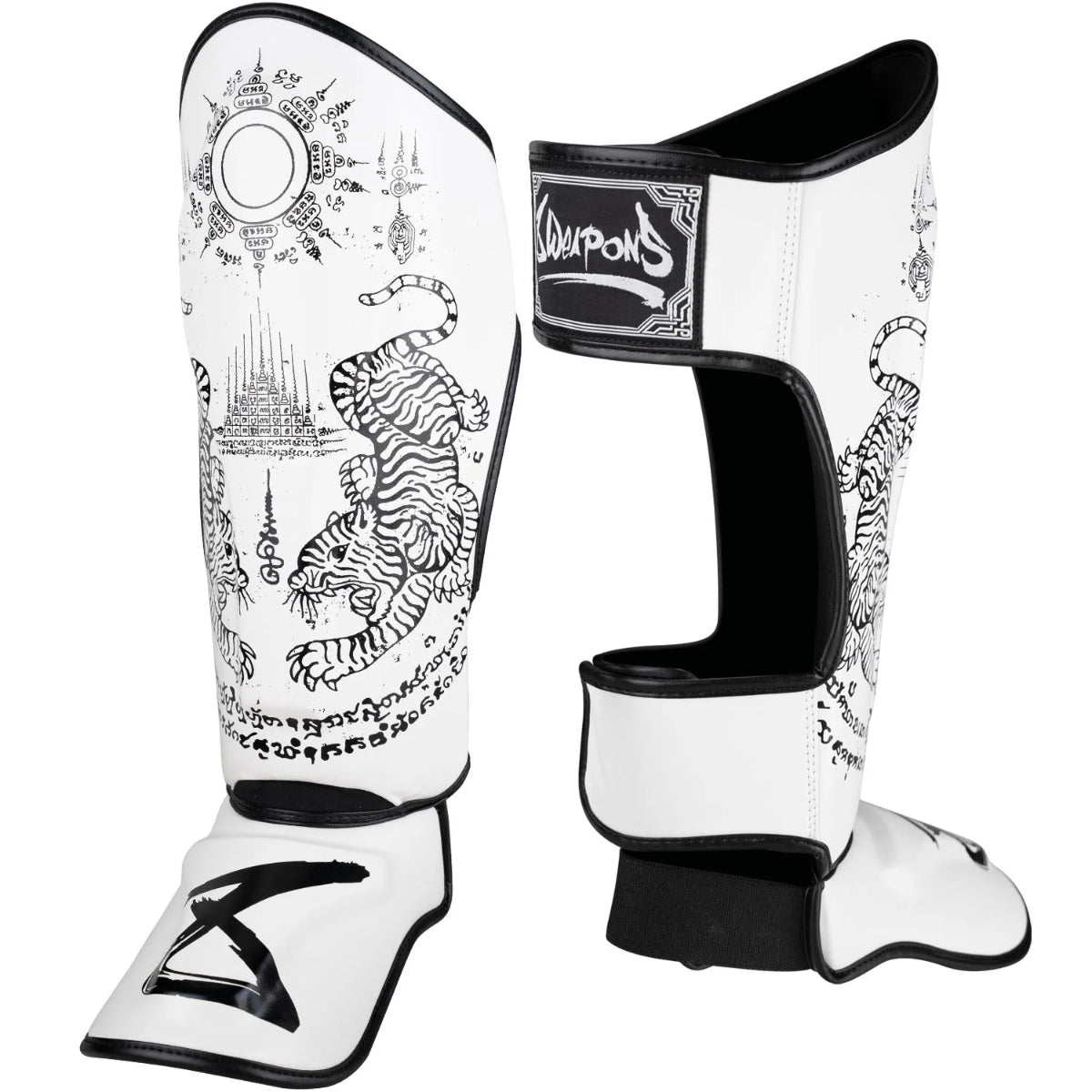 8 Weapons Sak Yant Tiger Shin Guards White/Black