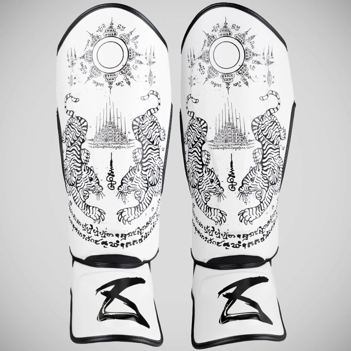 8 Weapons Sak Yant Tiger Shin Guards White/Black