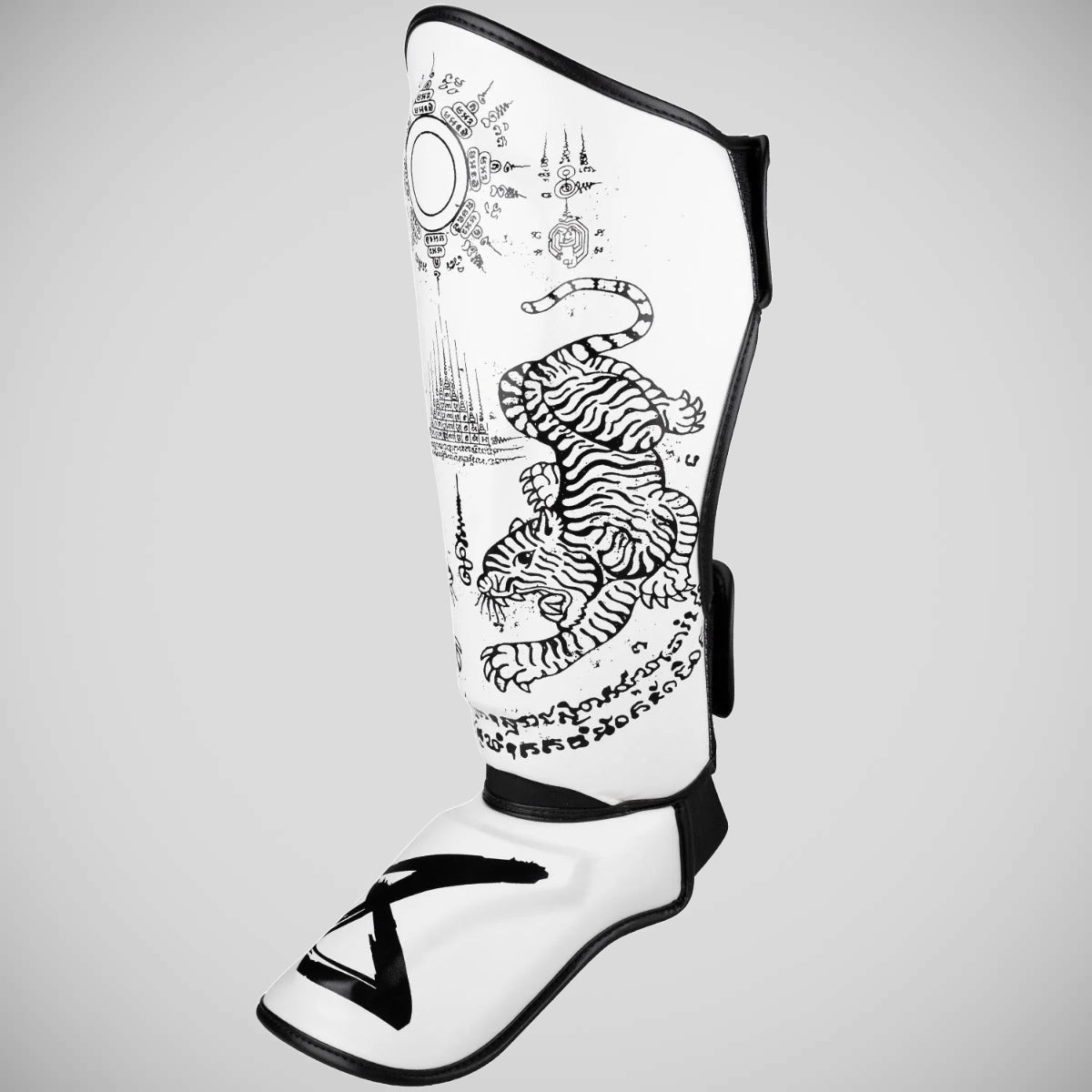 8 Weapons Sak Yant Tiger Shin Guards White/Black