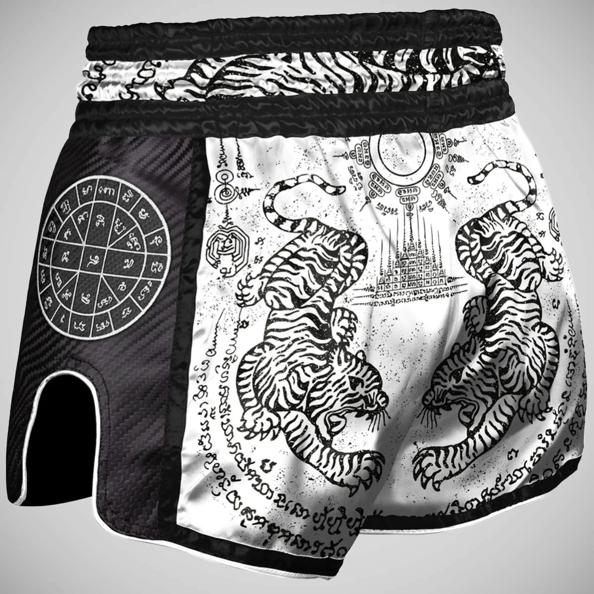 8 Weapons Sak Yant Tigers Carbon Muay Thai Shorts White