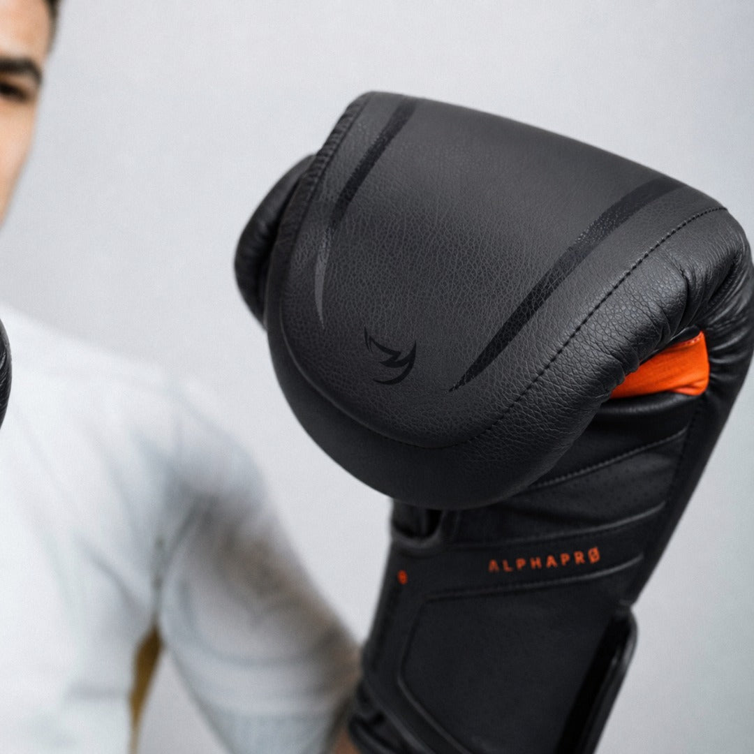 Alpha Pro MK2 Boxing Gloves Black Photoshoot close up