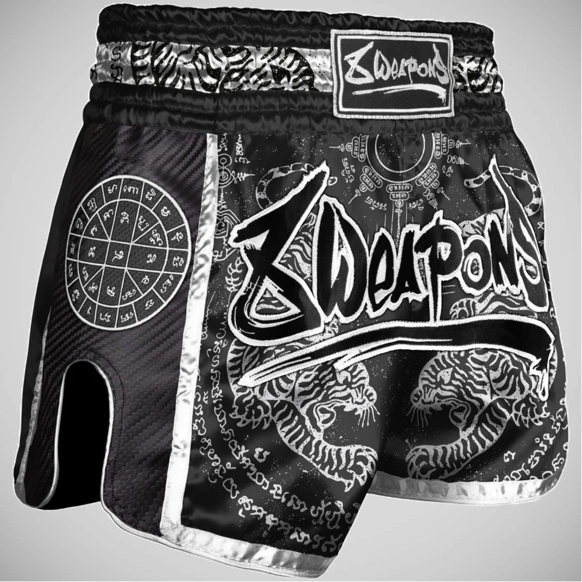 Black 8 Weapons Sak Yant Tigers Carbon Muay Thai Shorts   