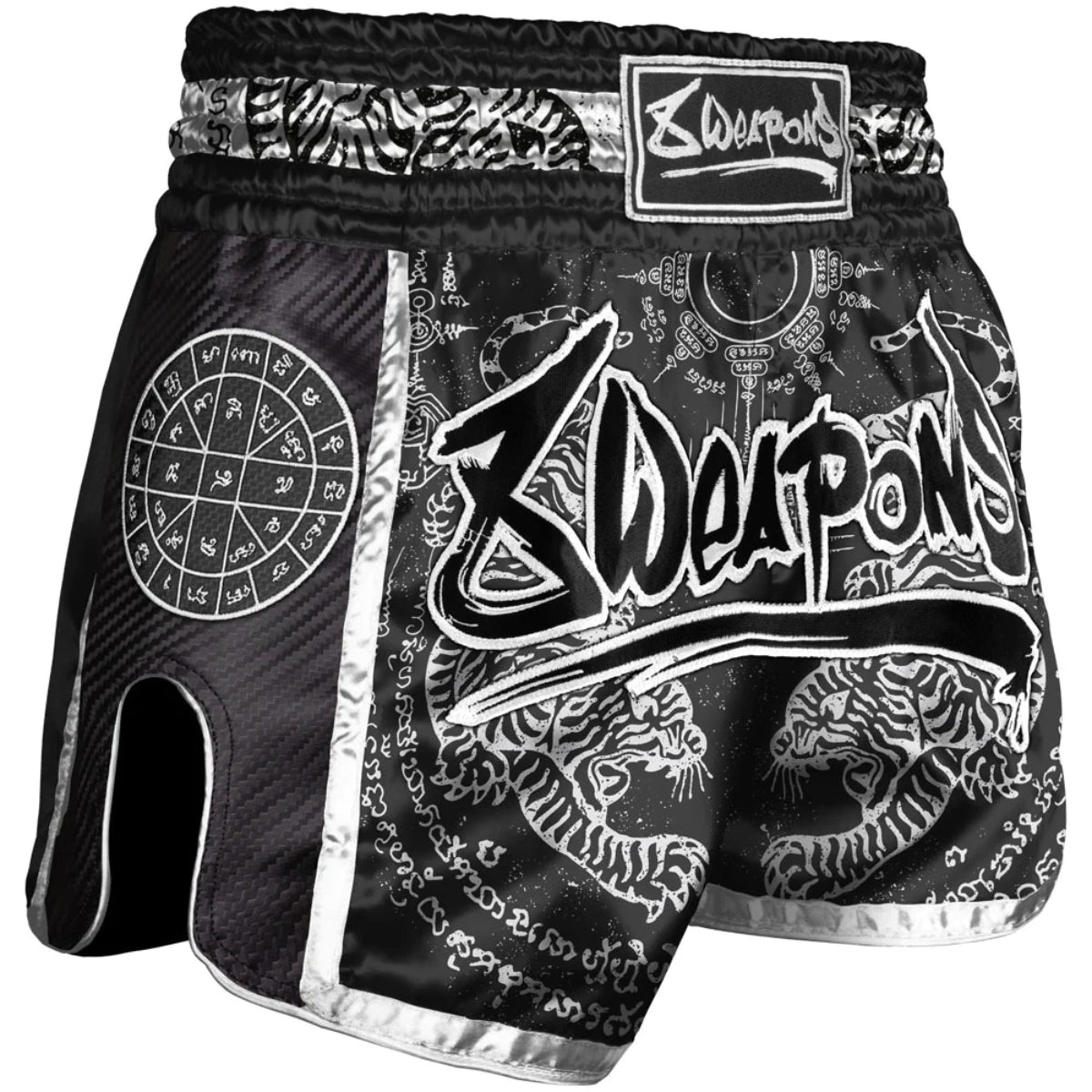 Black 8 Weapons Sak Yant Tigers Carbon Muay Thai Shorts   