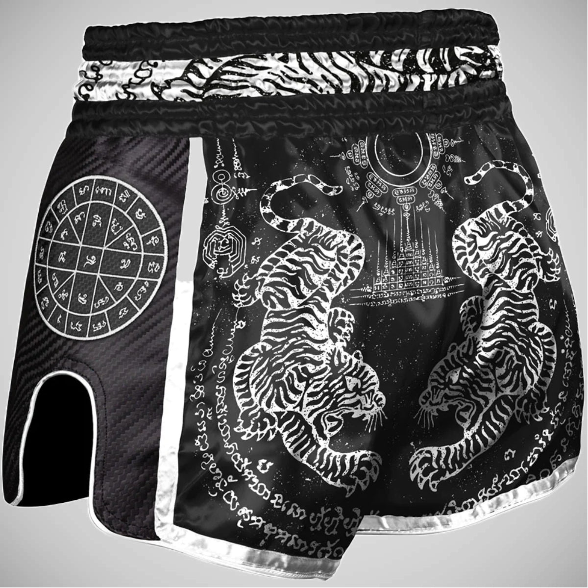 Black 8 Weapons Sak Yant Tigers Carbon Muay Thai Shorts   