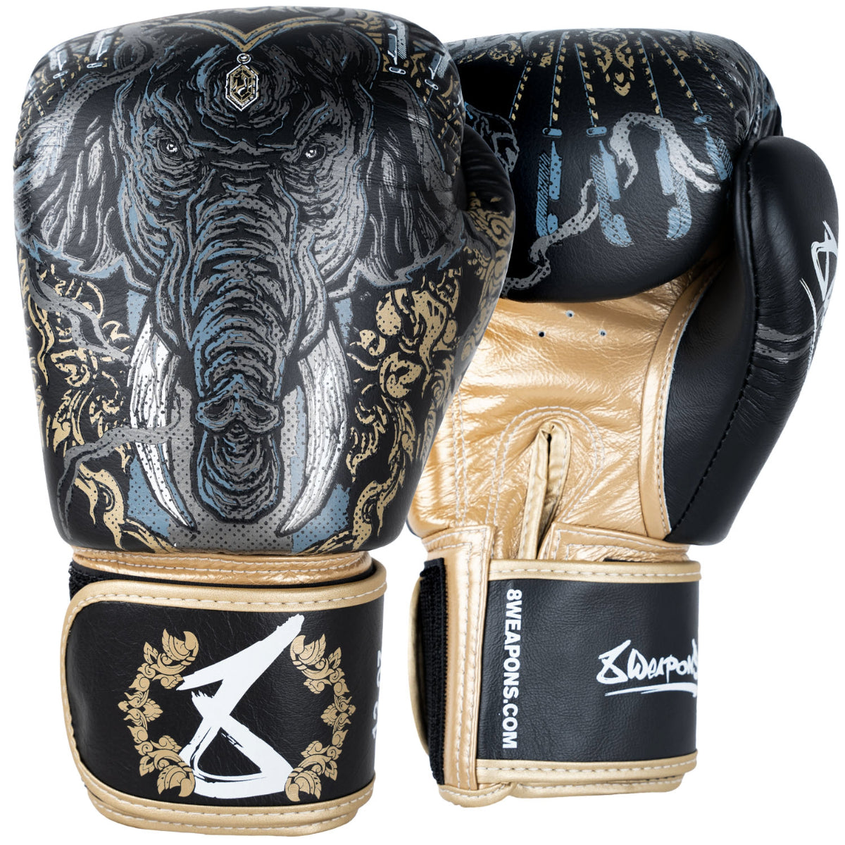 Black/Gold 8 Weapons Three Elephants 2.0 Boxing Gloves   