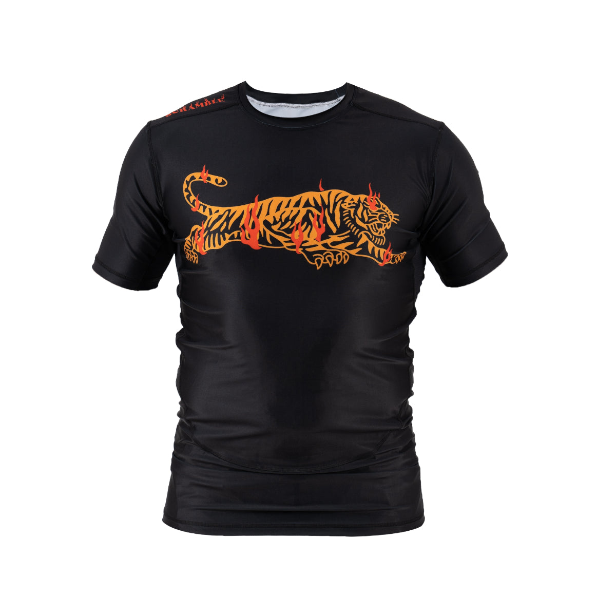 Black/Orange Scramble Burning Tiger Rash Guard from Made4Fighters