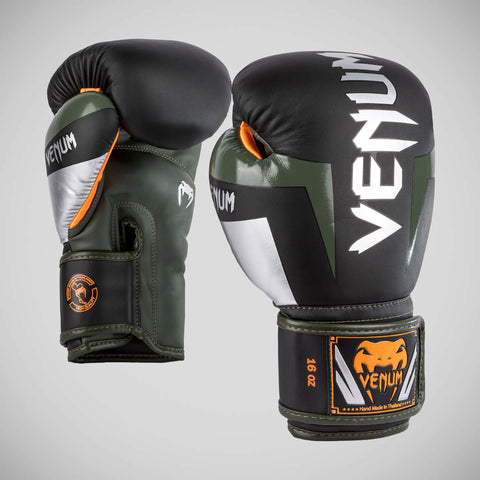 Black/Silver/Khaki Venum Elite Boxing Gloves
