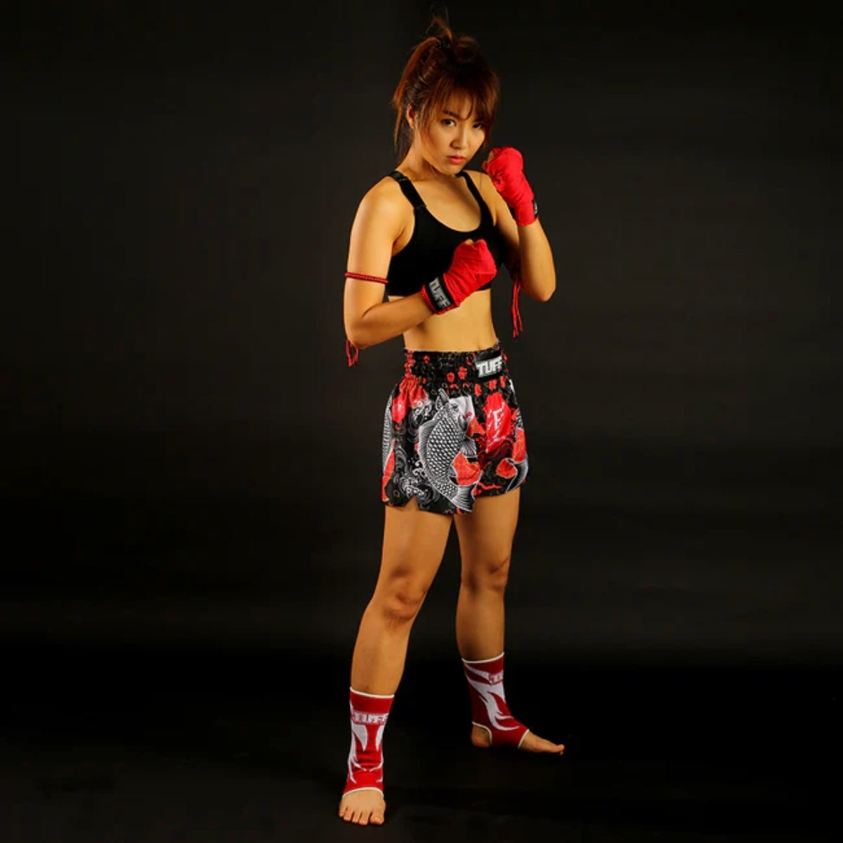 TUFF Sport MS638 Black Japanese Koi Fish Muay Thai Shorts Black