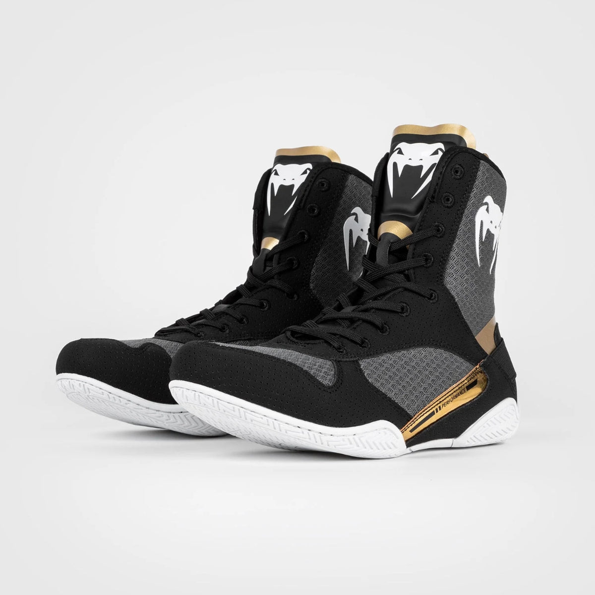 Black/White/Gold Venum Elite Boxing Shoes   