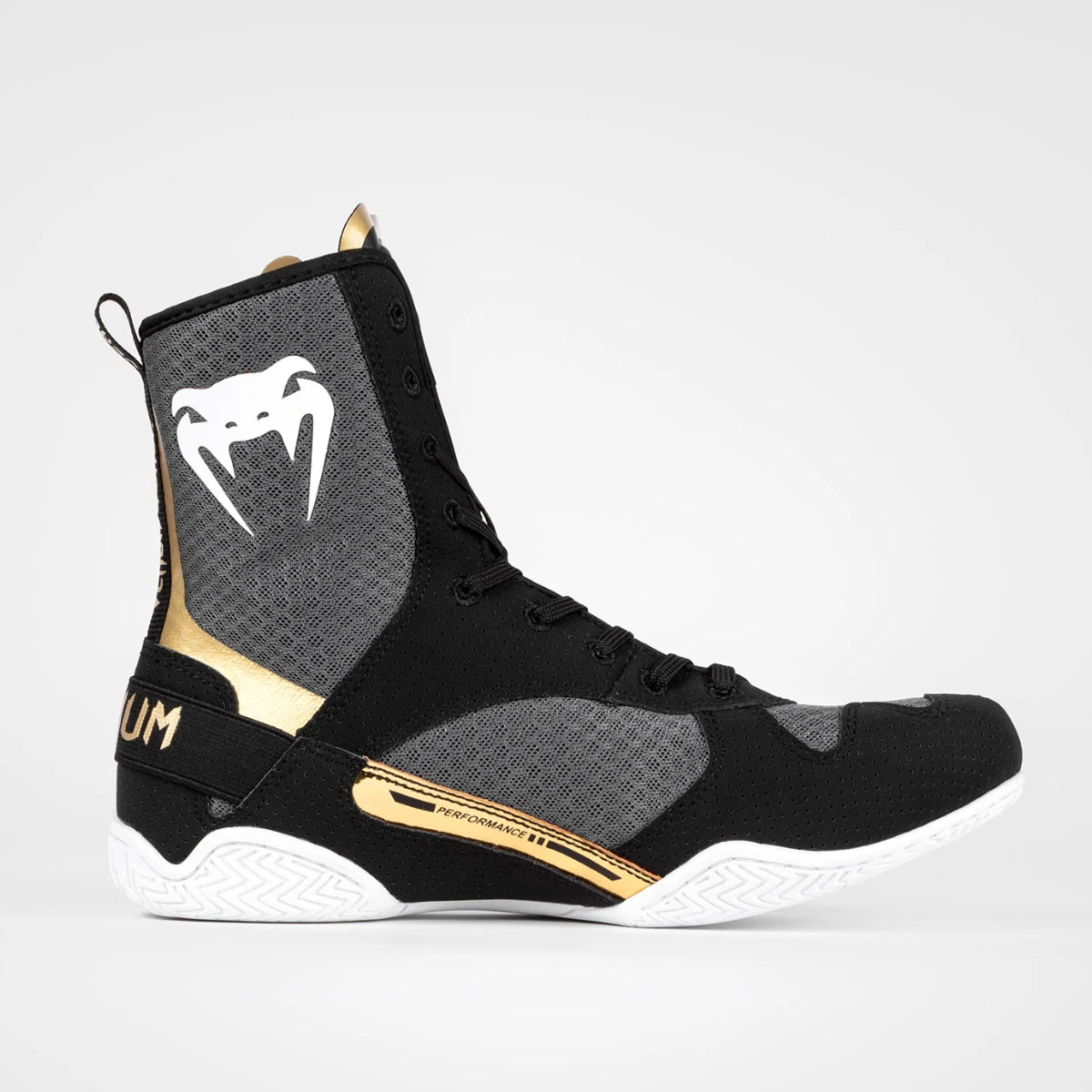 Black/White/Gold Venum Elite Boxing Shoes   