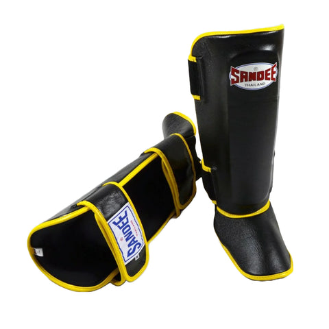 Black/Yellow Sandee Authentic Leather Shin Guards