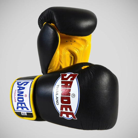Black/Yellow Sandee Leather Authentic Boxing Gloves