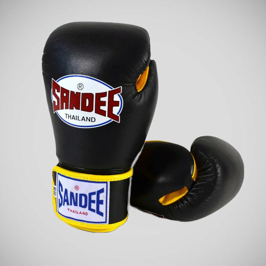 Black/Yellow Sandee Leather Authentic Boxing Gloves