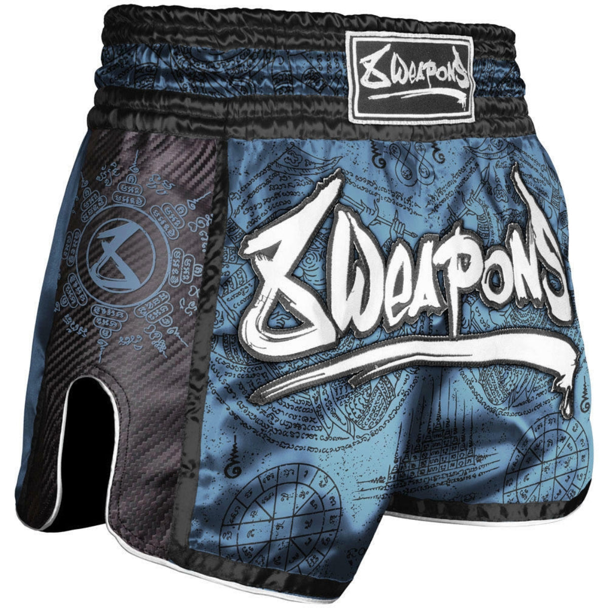 Blau/Schwarz 8 Weapons Yantra Benzinkohlenstoff Muay Thai Shorts