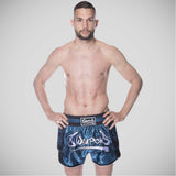 Blau/Schwarz 8 Weapons Yantra Benzinkohlenstoff Muay Thai Shorts