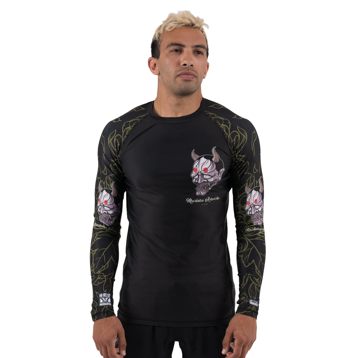 Meerkatsu die lachende Hannya Langarm -Hautausschlagsgarde Blau/Orange