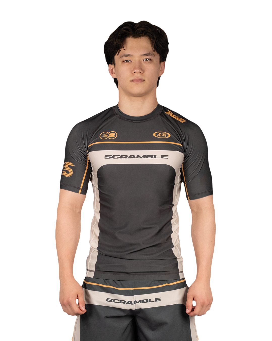 Scramble Duotone Rash Guard Black in black, stone and orange, front view