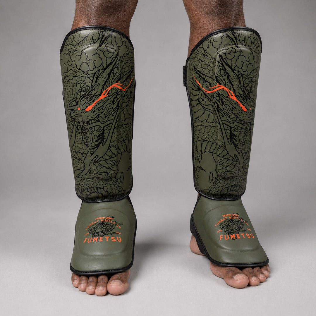 Fumetsu Dragon Slayer Shin Guards Khaki/Orange Lifestyle 1