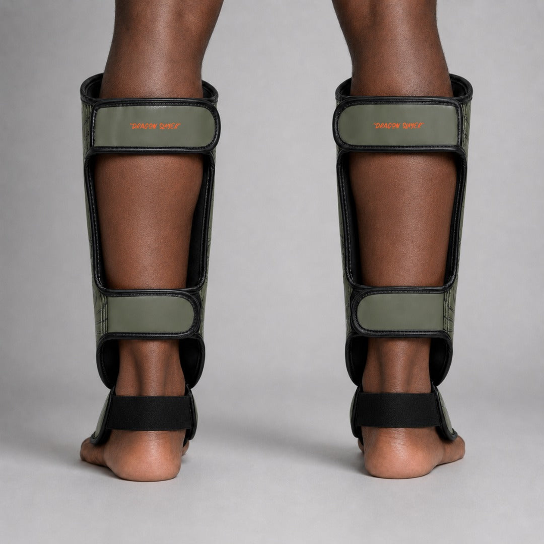 Fumetsu Dragon Slayer Shin Guards Khaki/Orange Lifestyle 2