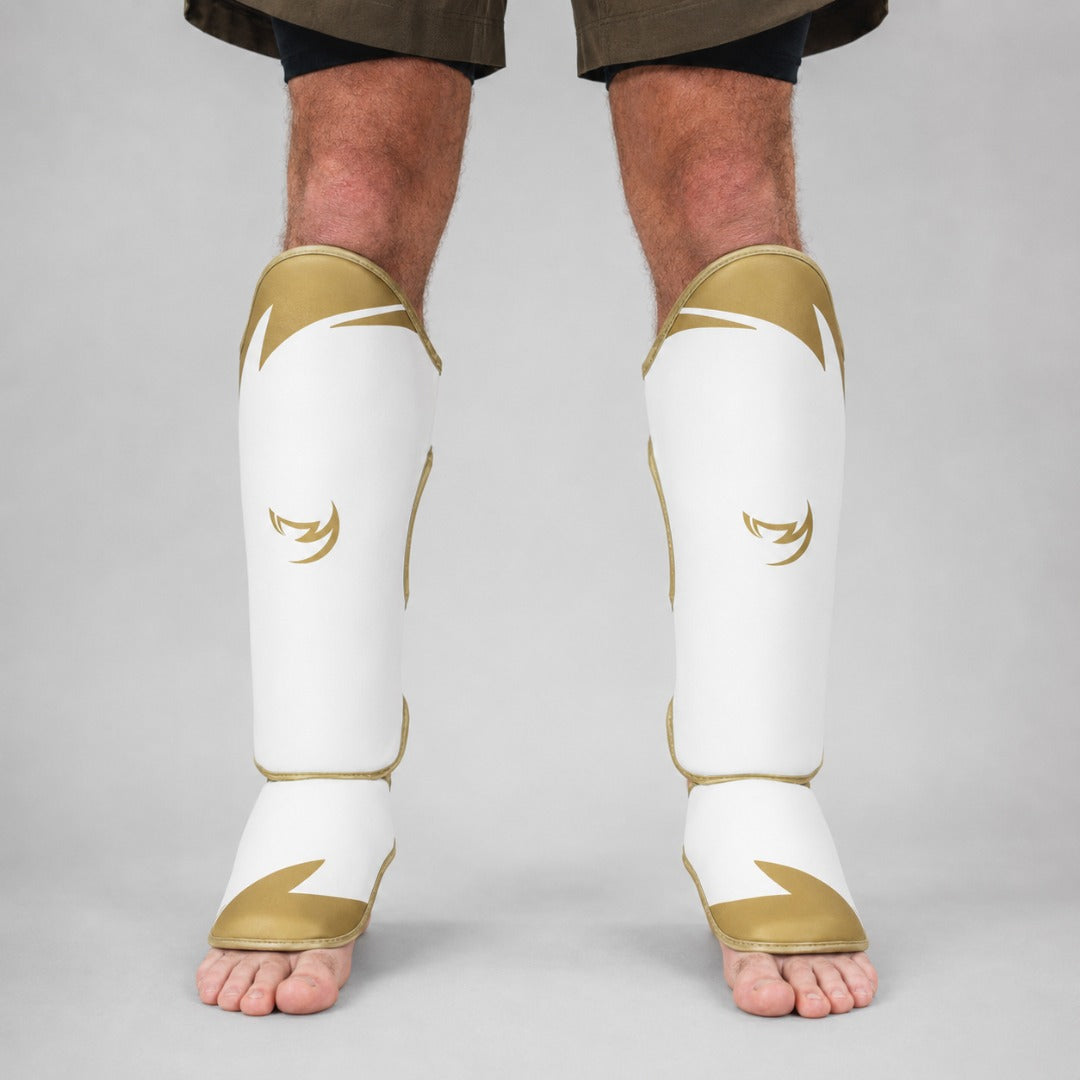 Fumetsu Ghost S3 Thai Shin Guards White/Gold from Made4Fighters
