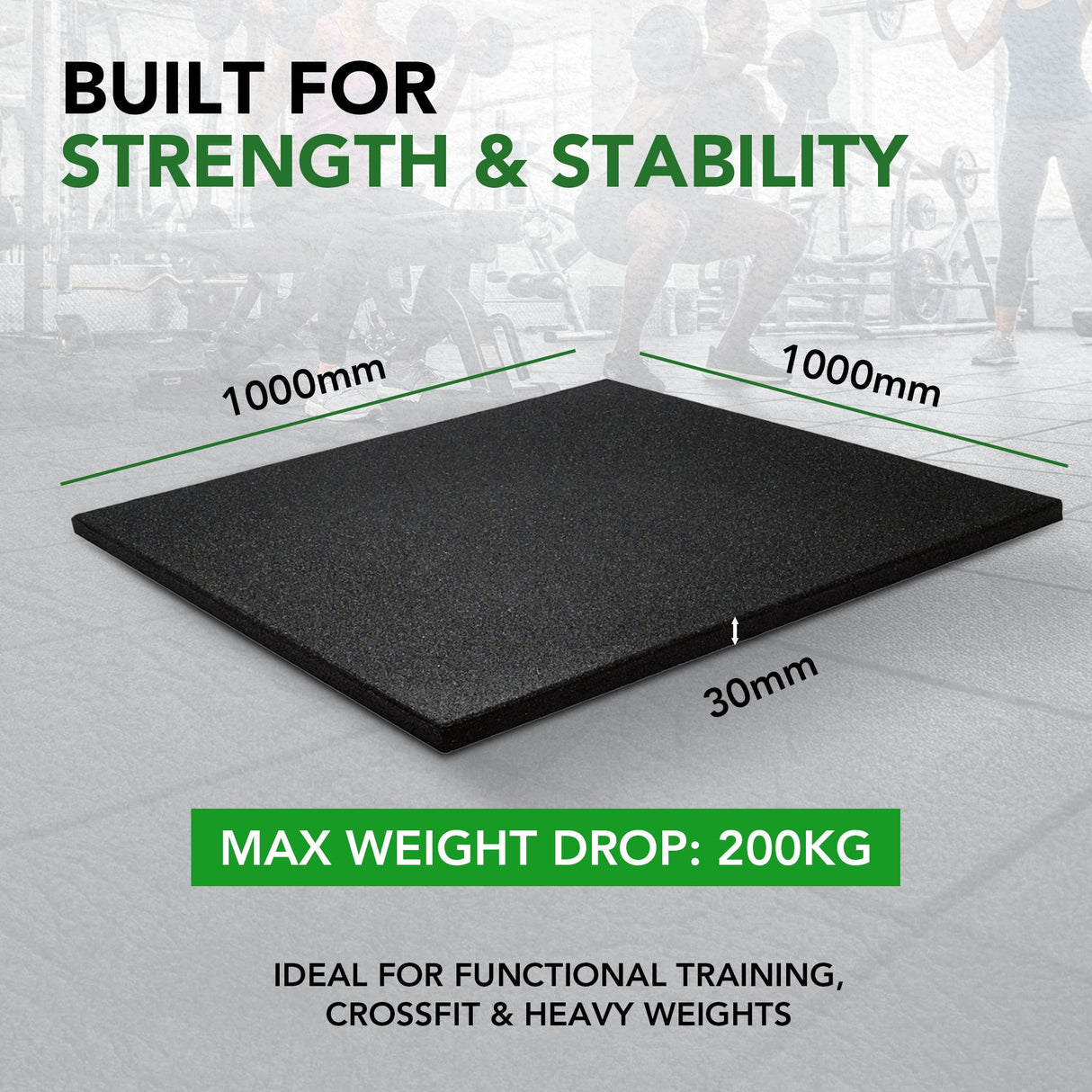 Sprung 30mm PRO Rubber Gym Floor Tiles - Heavy Duty - Black