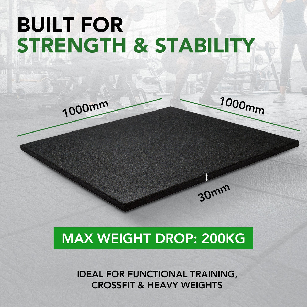 Sprung 30mm PRO Rubber Gym Floor Tiles - Heavy Duty - Black