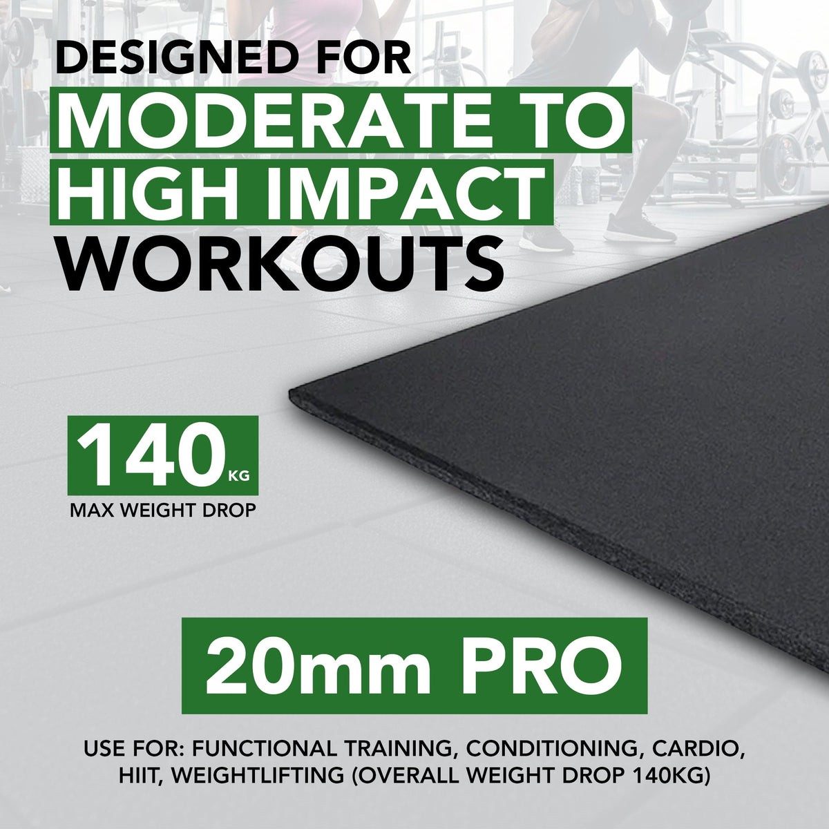 Sprung 20mm PRO Rubber Gym Floor Tiles - Smooth Top - Black
