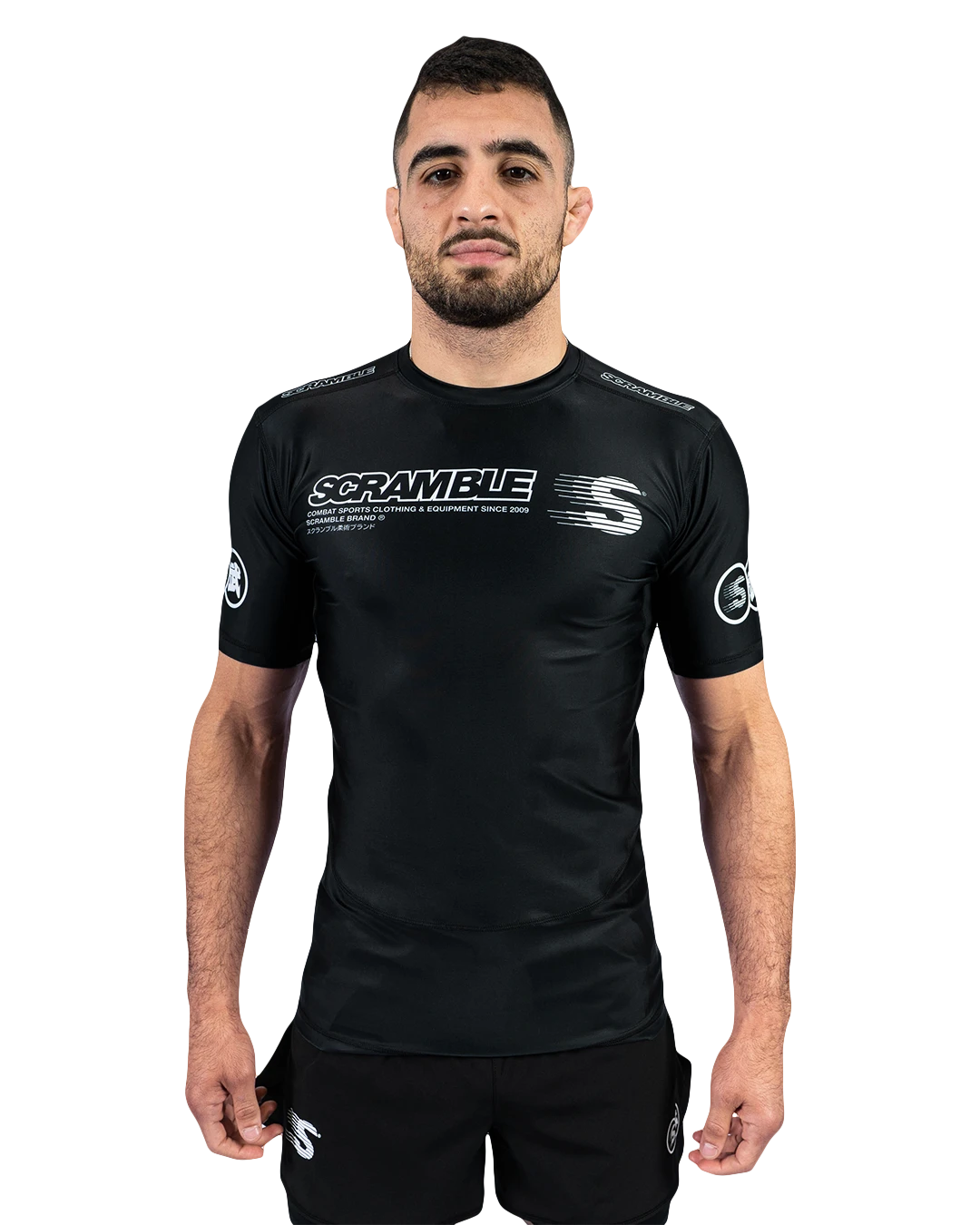 Scramble Mirai Rash Guard Black in black, front view