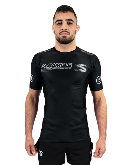 Scramble Mirai Rash Guard Black in black, front view