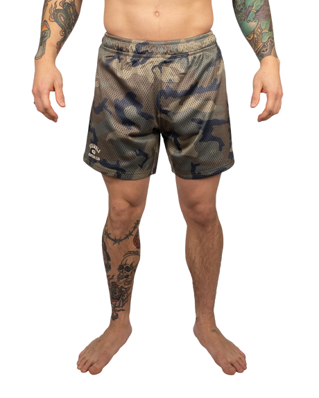 Scramble Mesh Hybrid Grappling Shorts Woodland Camo in Woodland camo, front view