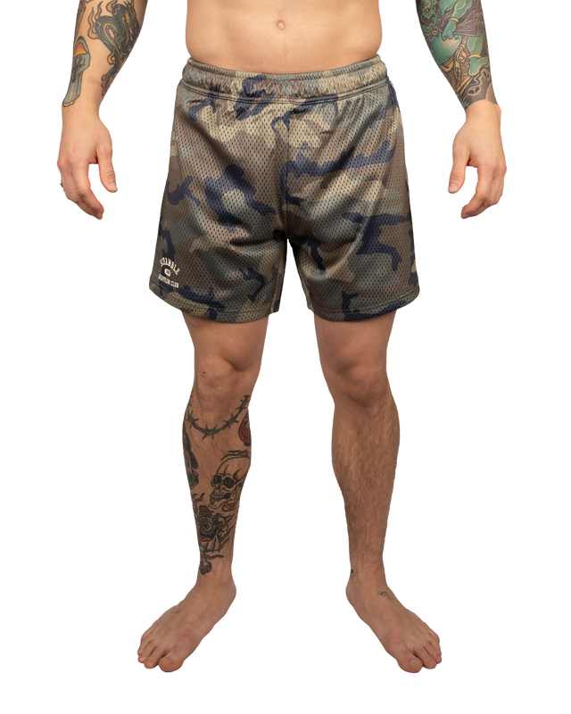 Scramble Mesh Hybrid Grappling Shorts Woodland Camo in Woodland camo, front view