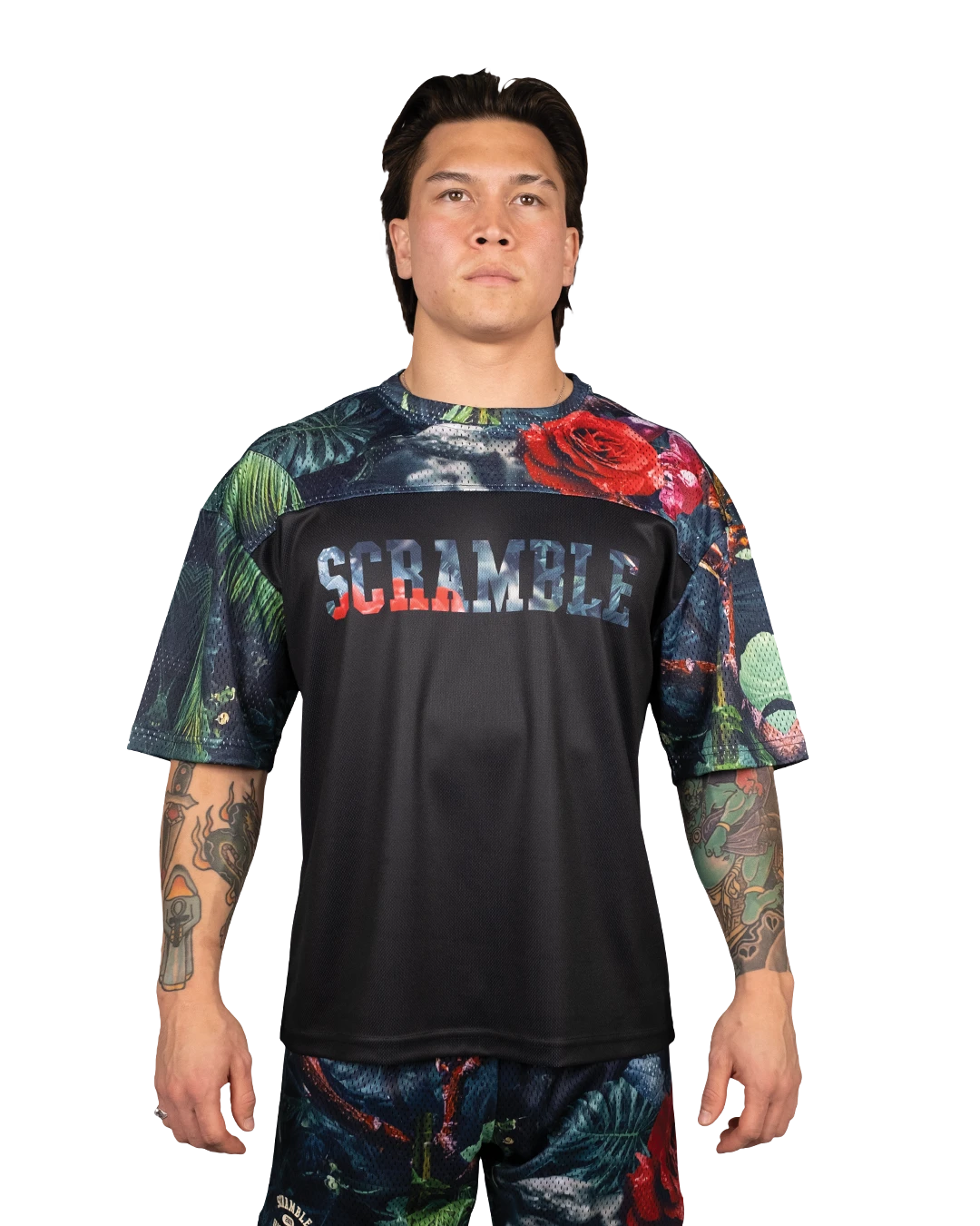 Scramble Mesh Hybrid Grappling Top Ohana Camo in Ohana floral camo, front view