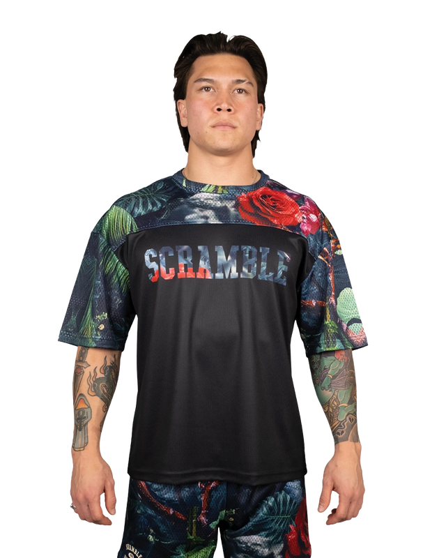 Scramble Mesh Hybrid Grappling Top Ohana Camo in Ohana floral camo, front view