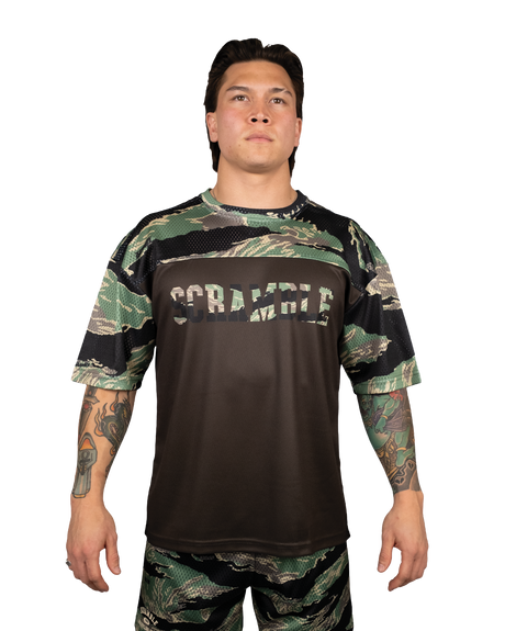 Scramble Mesh Hybrid Grappling Top Tiger Camo in Tiger camo, front view