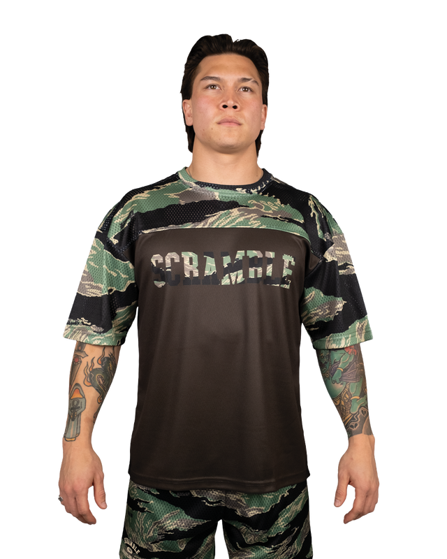 Scramble Mesh Hybrid Grappling Top Tiger Camo in Tiger camo, front view