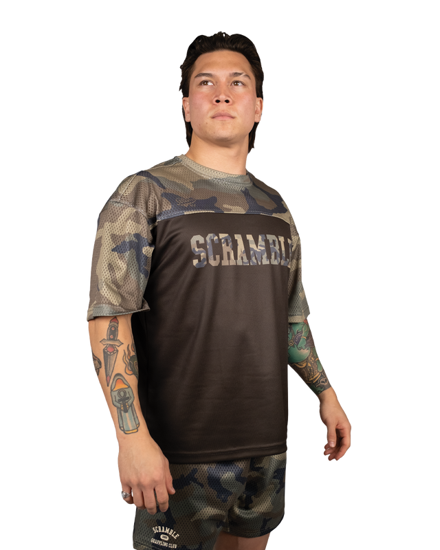 Scramble Mesh Hybrid Grappling Top Woodland Camo in Woodland camo, view 2 of 6