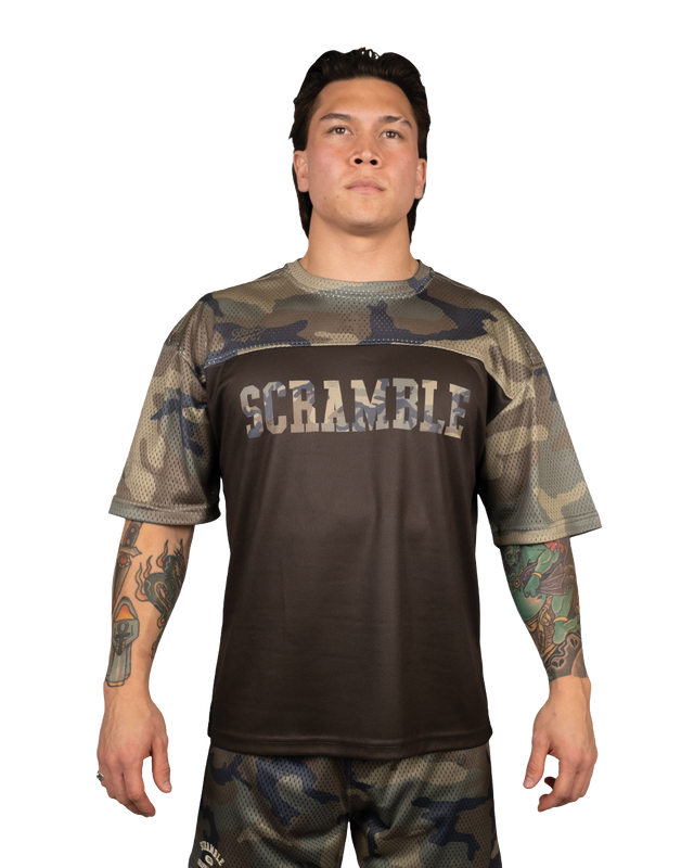 Scramble Mesh Hybrid Grappling Top Woodland Camo in Woodland camo, front view
