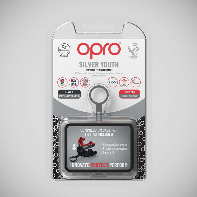 Opro Junior Silver Self-Fit Mouth Guard Black/Red
