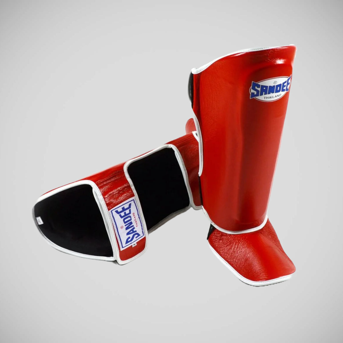 Red Sandee Authentic Leather Shin Guards from Made4Fighters