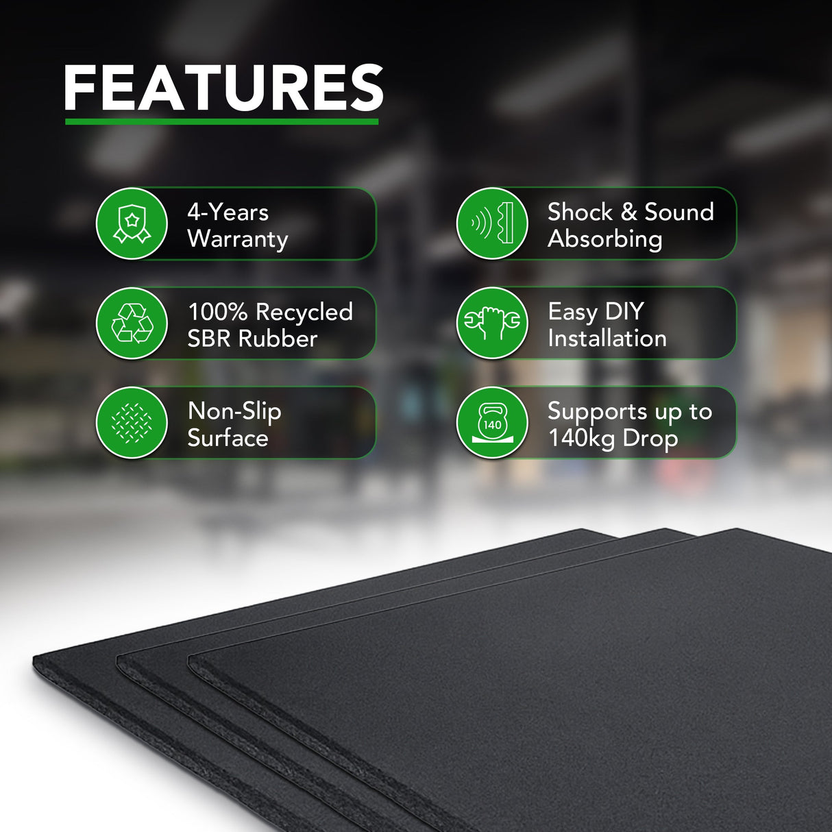 Sprung 20mm PRO Rubber Gym Floor Tiles - Smooth Top - Black