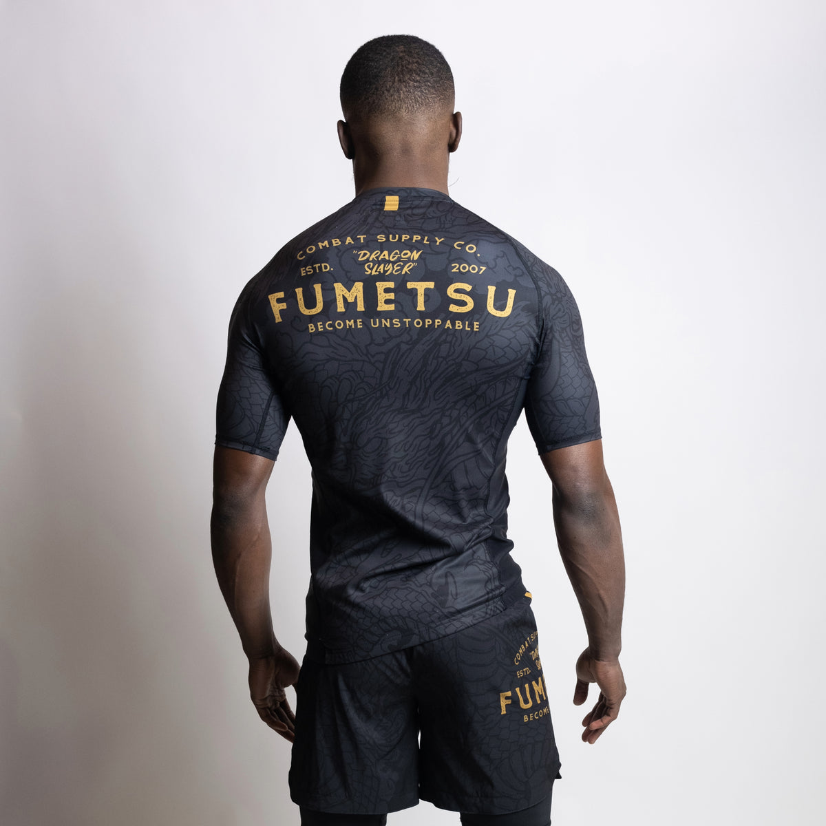 Gold Rash Guard Designs Fumetsu Dragon Slayer Short Sleeve Rash Guard Black/Gold from Made4Fighters